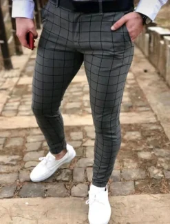 Sale OUKU Men's Dress Pants Trousers Chinos Buttons Pocket Plaid Comfort Formal Party Work Fashion Classic Style Black Navy Blue Micro-elastic