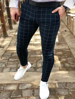 Sale OUKU Men's Dress Pants Trousers Chinos Buttons Pocket Plaid Comfort Formal Party Work Fashion Classic Style Black Navy Blue Micro-elastic