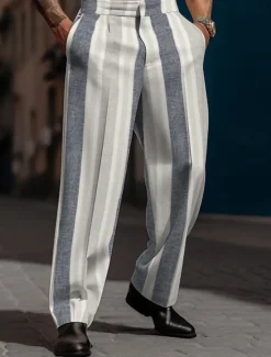 OUKU Men's Dress Pants Trousers Casual Pants Suit Pants Buttons Front Pocket Straight Leg Stripe Comfort Business Daily Holiday Fashion Chic & Modern Black Blue