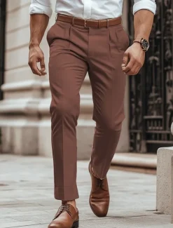 New OUKU Men's Dress Pants Trousers Slacks Summer Pants Casual Pants Front Pocket Straight Leg Plain Comfort Wedding Business Casual Fashion Classic Dark Brown Light Khaki Micro-elastic
