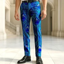 Discount OUKU Men's Dress Pants Trousers Casual Pants Suit Pants Peacock Feather Full Length Vacation Party Retro Vintage Blue Green Micro-elastic