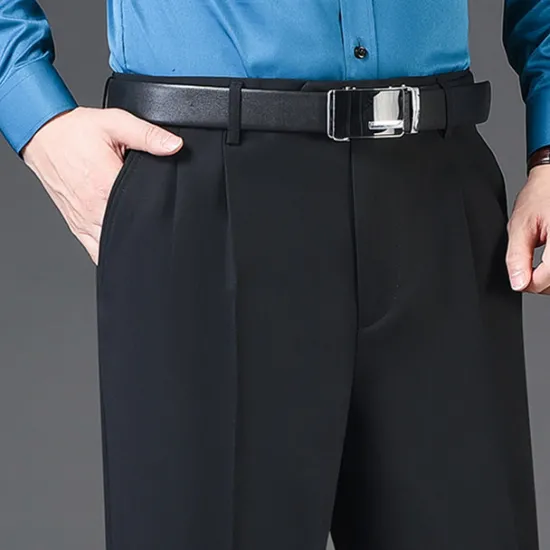 New OUKU Men's Dress Pants Trousers Slacks Pleated Pants Pocket Pleats Straight Leg Plain Breathable Soft Wedding Office Business Chic & Modern Classic Azure Black+Grey High Waist Micro-elastic