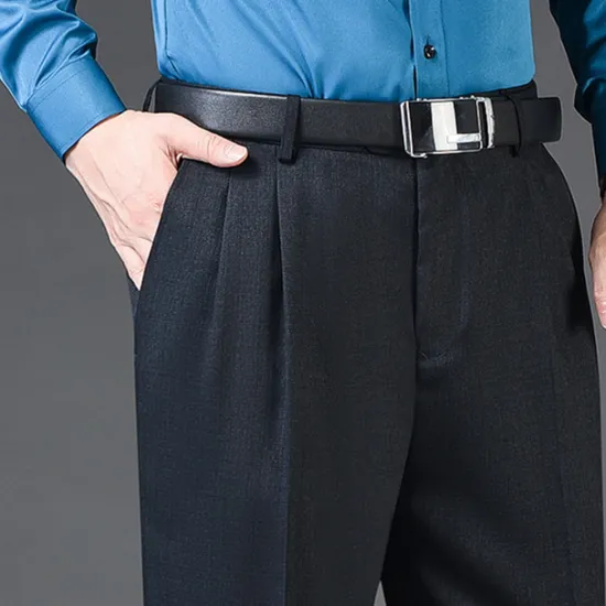 New OUKU Men's Dress Pants Trousers Slacks Pleated Pants Pocket Pleats Straight Leg Plain Breathable Soft Wedding Office Business Chic & Modern Classic Azure Black+Grey High Waist Micro-elastic