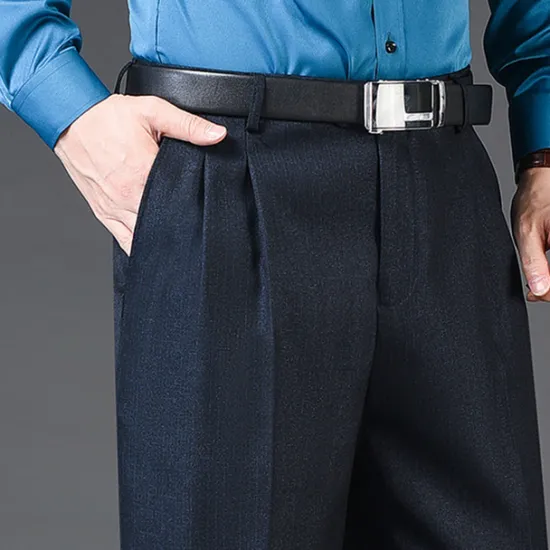 New OUKU Men's Dress Pants Trousers Slacks Pleated Pants Pocket Pleats Straight Leg Plain Breathable Soft Wedding Office Business Chic & Modern Classic Azure Black+Grey High Waist Micro-elastic
