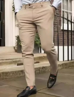 Best OUKU Men's Dress Pants Trousers Chinos Buttons Pocket Plain Comfort Formal Party Work Fashion Classic Style Micro-elastic Khaki