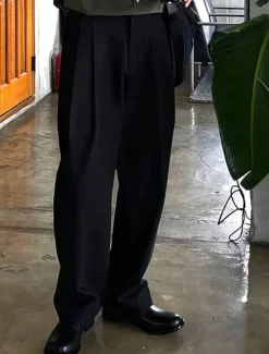 Clearance OUKU Men's Dress Pants Trousers Chinos Slacks Pleated Pants Buttons Pocket Straight Leg Plain Comfort Formal Party Work Fashion Classic Style Black Dark Gray Micro-elastic