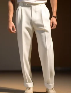 Online OUKU Men's Dress Pants Trousers Slacks Pleated Pants Suit Pants Zipper Buttons Pocket Plain Comfort Breathable Wedding Outdoor Daily Fashion Casual Black White