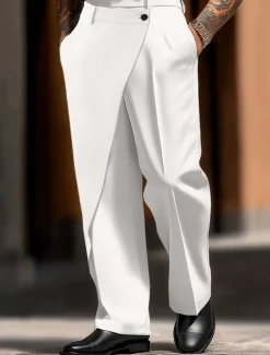 Discount OUKU Men's Dress Pants Trousers Pocket Layered Straight Leg Plain Comfort Soft Full Length Outdoor Daily Going out Fashion Streetwear Black White Micro-elastic