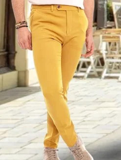 OUKU Men's Dress Pants Trousers Chinos Buttons Pocket Plain Comfort Formal Party Work Fashion Classic Style Yellow Pink Micro-elastic