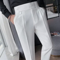 Clearance OUKU Men's Dress Pants Trousers Slacks Pleated Pants Suit Pants Pocket High Rise Plain Comfort Wedding Office Work Elegant Vintage Black White High Waist Micro-elastic