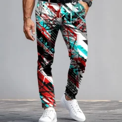 Best OUKU Men's Dress Pants Trousers Suit Pants Slim Fit Pants with Pockets Geometric Abstract Art Full Length Outdoor Casual Red Blue Micro-elastic