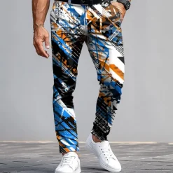 Best OUKU Men's Dress Pants Trousers Suit Pants Slim Fit Pants with Pockets Geometric Abstract Art Full Length Outdoor Casual Red Blue Micro-elastic