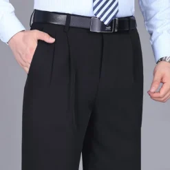 Sale OUKU Men's Dress Pants Trousers Pleated Pants Zipper Pocket Straight Leg Plain Comfort Breathable Ankle-Length Wedding Office Work Fashion Chic & Modern Black+Grey Smoky gray High Waist Micro-elastic