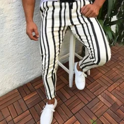 Outlet OUKU Men's Dress Pants Trousers Chinos Pocket Drawstring Elastic Waist Stripe Comfort Formal Party Work Fashion Classic Style White Yellow Micro-elastic