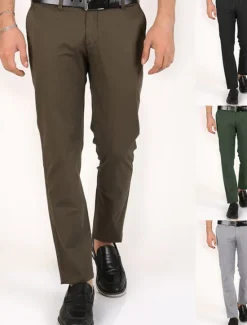 OUKU Men's Dress Pants Trousers Chinos Buttons Pocket Plain Comfort Formal Party Work Fashion Classic Style Black Dark Green Micro-elastic