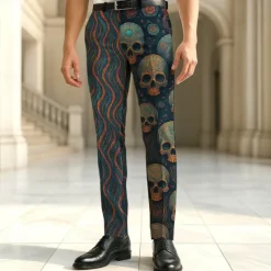 New OUKU Men's Dress Pants Trousers Suit Pants Geometric Skull Full Length Vacation Holiday Dark Punk Gothic Style Blue Dark Blue Inelastic