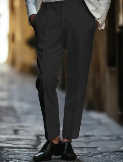Best OUKU Men's Dress Pants Trousers Casual Pants Buttons Pocket Pleats Plain Comfort Soft Ankle-Length Wedding Outdoor Daily Elegant Fashion Black White Micro-elastic