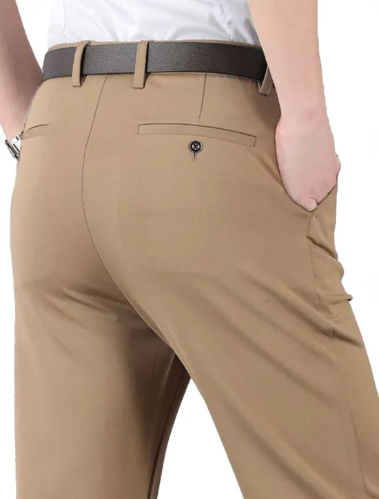 Discount OUKU Men's Dress Pants Trousers Casual Pants Pocket Elastic Waist Straight Leg Plain Stretch Wedding Office Business Stylish Formal Black Wine High Waist Micro-elastic