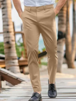 Discount OUKU Men's Dress Pants Trousers Casual Pants Pocket Elastic Waist Straight Leg Plain Stretch Wedding Office Business Stylish Formal Black Wine High Waist Micro-elastic