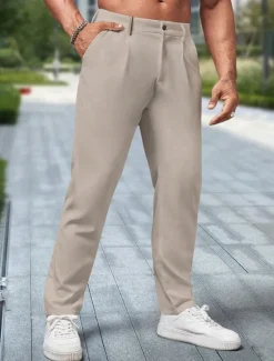 Outlet OUKU Men's Dress Pants Trousers Chinos Slacks Pleated Pants Buttons Pocket Plain Comfort Formal Party Work Fashion Classic Style Light Khaki Black Micro-elastic