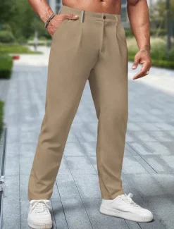 Outlet OUKU Men's Dress Pants Trousers Chinos Slacks Pleated Pants Buttons Pocket Plain Comfort Formal Party Work Fashion Classic Style Light Khaki Black Micro-elastic