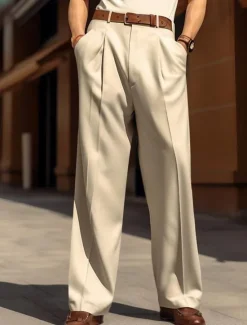 Best OUKU Men's Dress Pants Trousers Baggy Pants Casual Pants Pleated Pants Wide Leg Front Pocket Straight Leg Plain Comfort Breathable Wedding Business Beach Fashion Basic Loose Fit Black White