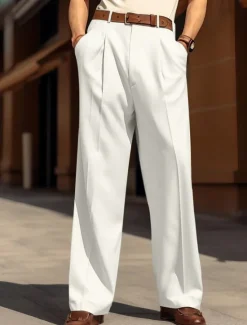 Best OUKU Men's Dress Pants Trousers Baggy Pants Casual Pants Pleated Pants Wide Leg Front Pocket Straight Leg Plain Comfort Breathable Wedding Business Beach Fashion Basic Loose Fit Black White