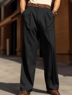Best OUKU Men's Dress Pants Trousers Baggy Pants Casual Pants Pleated Pants Wide Leg Front Pocket Straight Leg Plain Comfort Breathable Wedding Business Beach Fashion Basic Loose Fit Black White