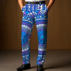 Clearance OUKU Men's Dress Pants Trousers Suit Pants Geometric Ethnic Full Length Outdoor Casual Retro Vintage Dark Green Dark Blue Micro-elastic