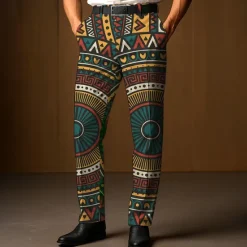 Clearance OUKU Men's Dress Pants Trousers Suit Pants Geometric Ethnic Full Length Outdoor Casual Retro Vintage Dark Green Dark Blue Micro-elastic