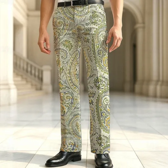 Outlet OUKU Men's Dress Pants Trousers Suit Pants Paisley Floral Print Flowers Full Length Outdoor Vacation Daily Retro Vintage Light Green Blue Micro-elastic