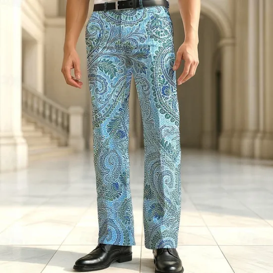 Outlet OUKU Men's Dress Pants Trousers Suit Pants Paisley Floral Print Flowers Full Length Outdoor Vacation Daily Retro Vintage Light Green Blue Micro-elastic