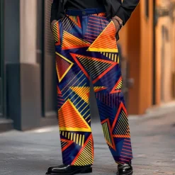 OUKU Men's Dress Pants Trousers Suit Pants Geometric Color Block Daily Holiday Dads Day Gifts Casual Loose Fit Red Orange Micro-elastic