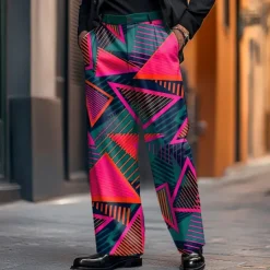 OUKU Men's Dress Pants Trousers Suit Pants Geometric Color Block Daily Holiday Dads Day Gifts Casual Loose Fit Red Orange Micro-elastic
