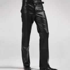 Clearance OUKU Men's Dress Pants Winter Pants Trousers Faux Leather Shorts Pocket Straight Leg Solid Colored Comfort Warm Wedding Office Business Faux Leather Streetwear Casual Micro-elastic Black
