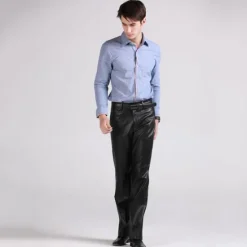Clearance OUKU Men's Dress Pants Winter Pants Trousers Faux Leather Shorts Pocket Straight Leg Solid Colored Comfort Warm Wedding Office Business Faux Leather Streetwear Casual Micro-elastic Black