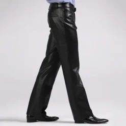 Clearance OUKU Men's Dress Pants Winter Pants Trousers Faux Leather Shorts Pocket Straight Leg Solid Colored Comfort Warm Wedding Office Business Faux Leather Streetwear Casual Micro-elastic Black