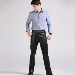 Clearance OUKU Men's Dress Pants Winter Pants Trousers Faux Leather Shorts Pocket Straight Leg Solid Colored Comfort Warm Wedding Office Business Faux Leather Streetwear Casual Micro-elastic Black