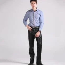 Clearance OUKU Men's Dress Pants Winter Pants Trousers Faux Leather Shorts Pocket Straight Leg Solid Colored Comfort Warm Wedding Office Business Faux Leather Streetwear Casual Micro-elastic Black