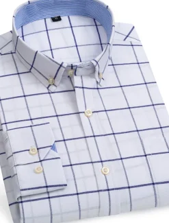 Sale OUKU Men's Dress Shirt Button Down Shirt Non Iron Shirt Oxford Shirt Stripes and Plaid Wedding Vacation Light Yellow Denim Blue White Yellow Long Sleeve Turndown All Seasons Clothing Apparel Button-Down