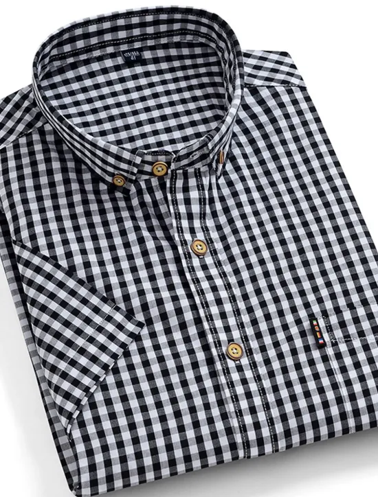 New OUKU Men's Dress Shirt Button Down Shirt Stripes and Plaid Wedding Office & Career Black Red Dark Navy Blue Short Sleeve Turndown Spring & Summer Clothing Apparel