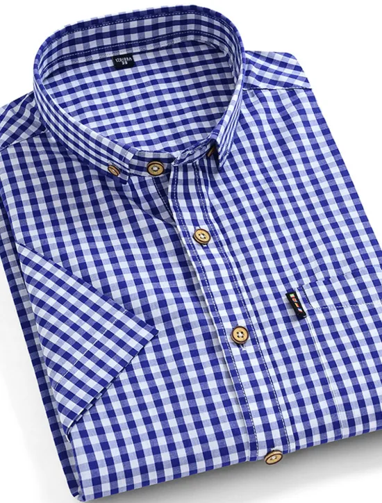 New OUKU Men's Dress Shirt Button Down Shirt Stripes and Plaid Wedding Office & Career Black Red Dark Navy Blue Short Sleeve Turndown Spring & Summer Clothing Apparel