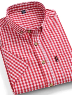 New OUKU Men's Dress Shirt Button Down Shirt Stripes and Plaid Wedding Office & Career Black Red Dark Navy Blue Short Sleeve Turndown Spring & Summer Clothing Apparel