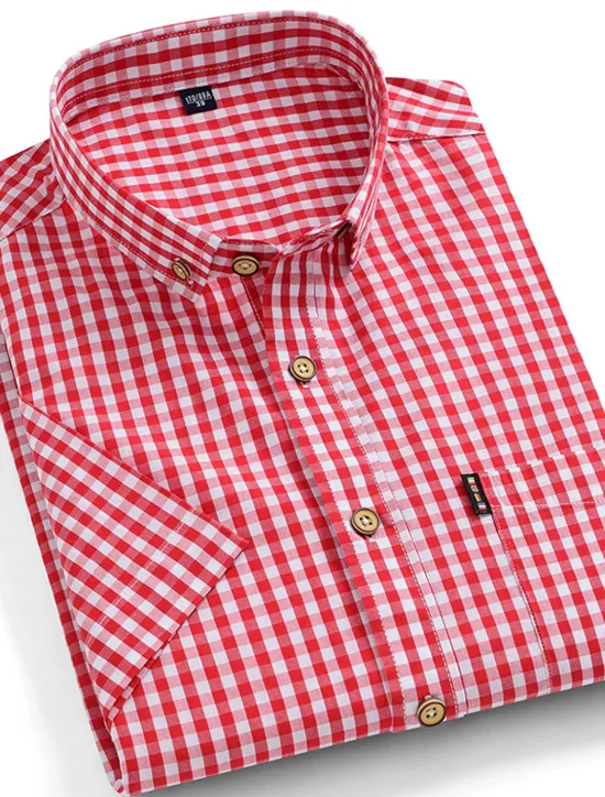 New OUKU Men's Dress Shirt Button Down Shirt Stripes and Plaid Wedding Office & Career Black Red Dark Navy Blue Short Sleeve Turndown Spring & Summer Clothing Apparel