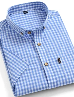 New OUKU Men's Dress Shirt Button Down Shirt Stripes and Plaid Wedding Office & Career Black Red Dark Navy Blue Short Sleeve Turndown Spring & Summer Clothing Apparel
