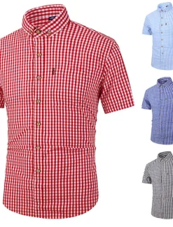 New OUKU Men's Dress Shirt Button Down Shirt Stripes and Plaid Wedding Office & Career Black Red Dark Navy Blue Short Sleeve Turndown Spring & Summer Clothing Apparel
