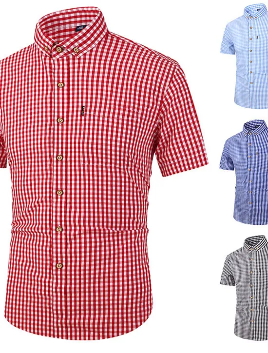 New OUKU Men's Dress Shirt Button Down Shirt Stripes and Plaid Wedding Office & Career Black Red Dark Navy Blue Short Sleeve Turndown Spring & Summer Clothing Apparel