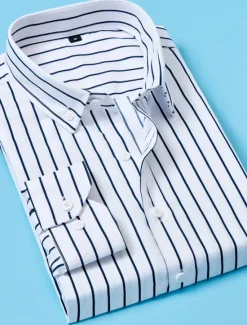 New OUKU Men's Dress Shirt Button Down Shirt Striped Shirt Collared Shirt Striped Wedding Work Black White Red Navy Blue Long Sleeve Collar Clothing Apparel