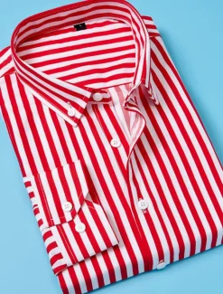New OUKU Men's Dress Shirt Button Down Shirt Striped Shirt Collared Shirt Striped Wedding Work Black White Red Navy Blue Long Sleeve Collar Clothing Apparel