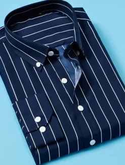 New OUKU Men's Dress Shirt Button Down Shirt Striped Shirt Collared Shirt Striped Wedding Work Black White Red Navy Blue Long Sleeve Collar Clothing Apparel